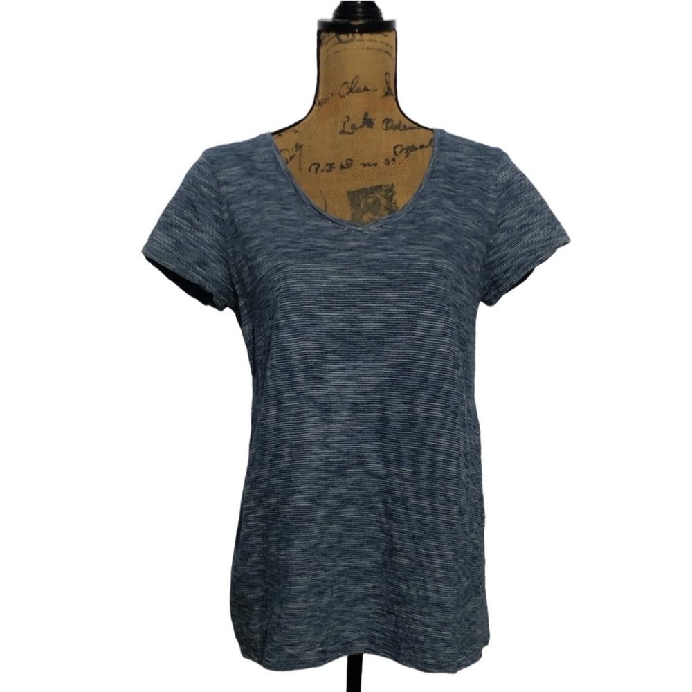 Pure Jill Indigo S Petite Top Blue White Stripes Short Sl V Neck Stretch Casual